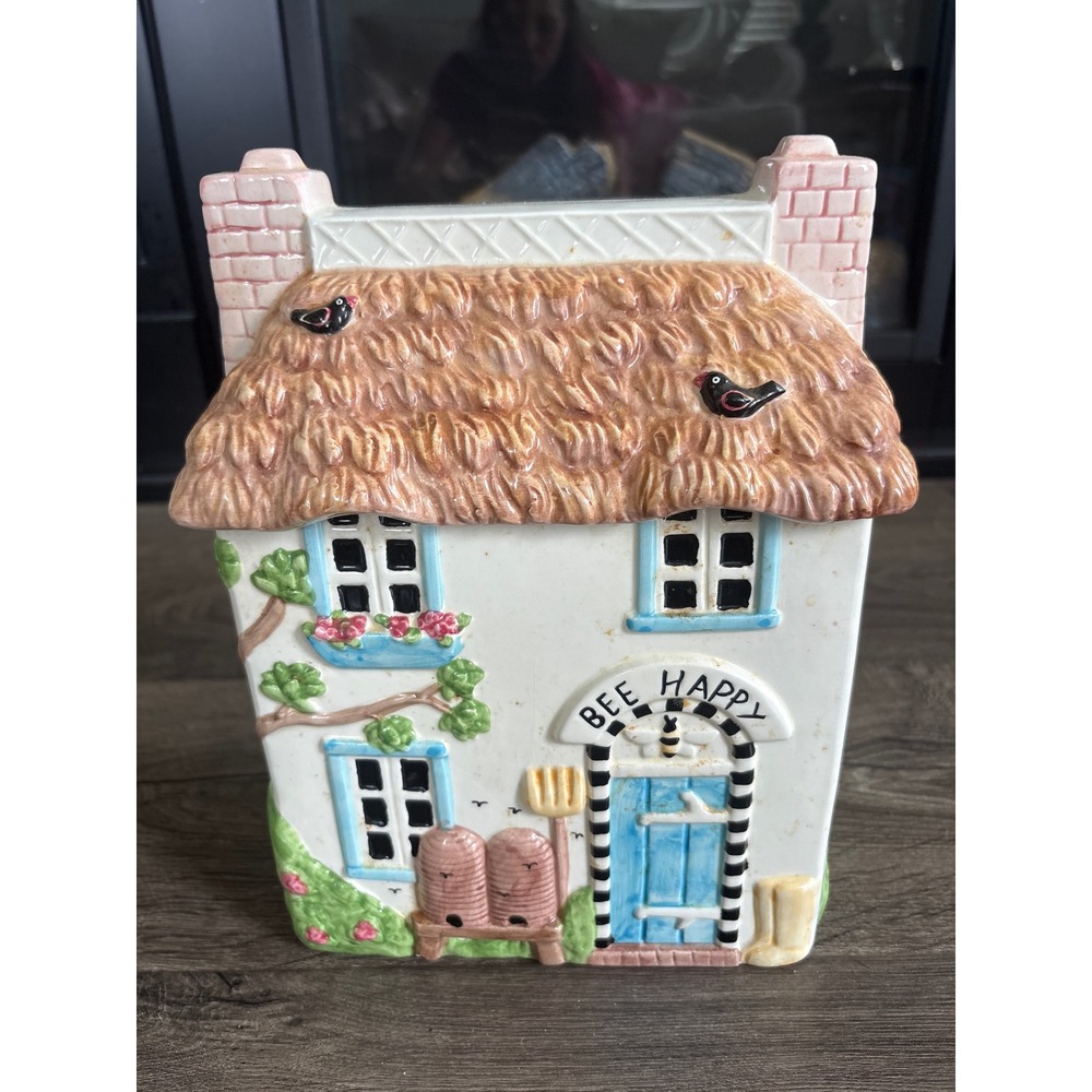 Treasure Craft Disney Bee Happy Cottage Cookie Jar Ceramic Thatched Roof House